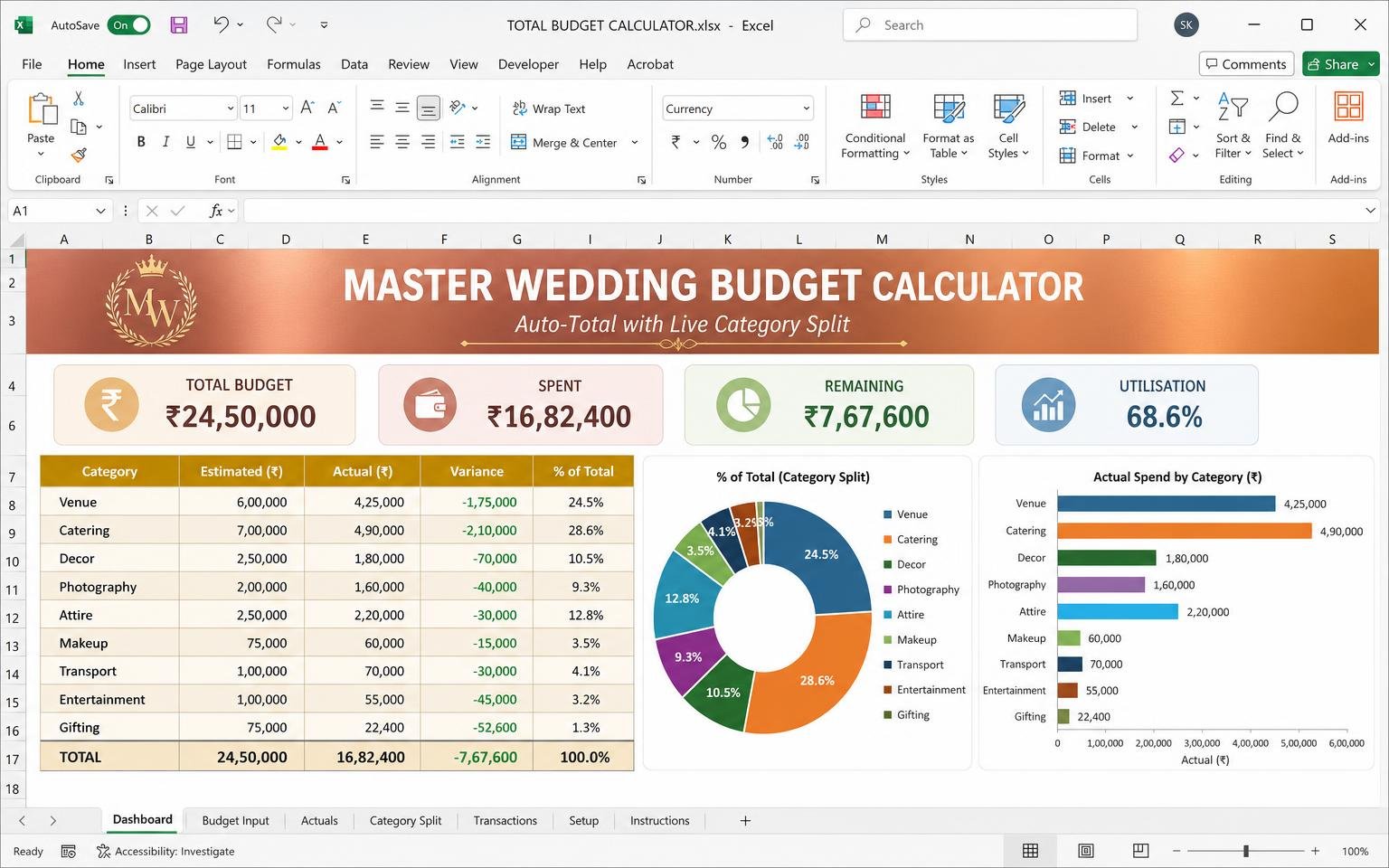 Total Budget Calculator — wedding planning Excel template preview