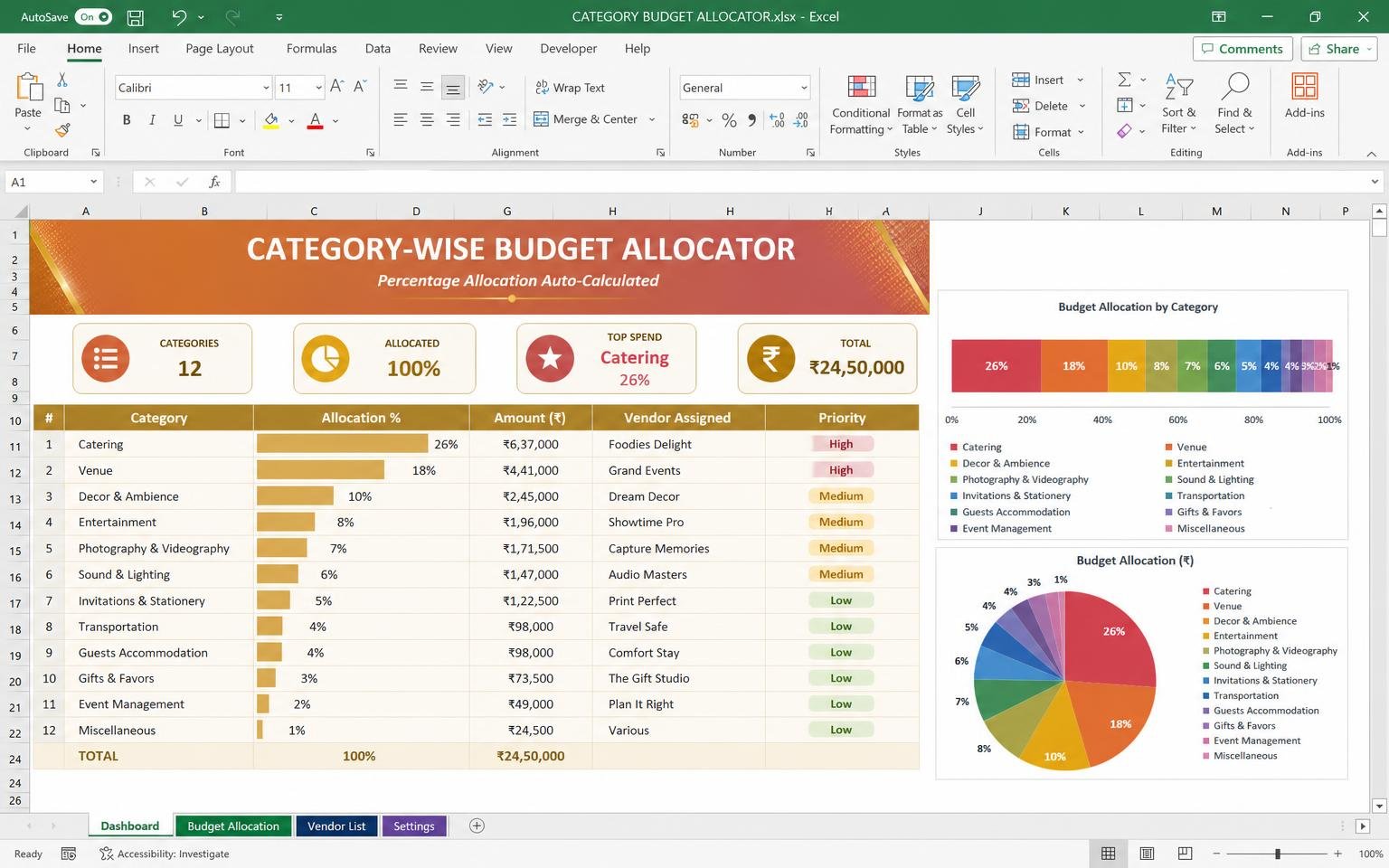 Category-wise Budget Allocator — wedding planning Excel template preview