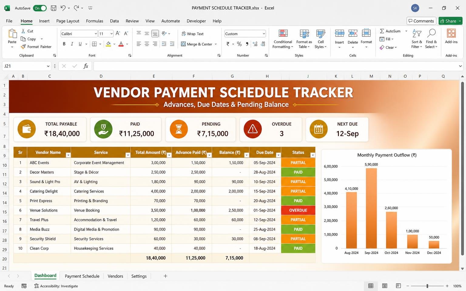 Payment Schedule Tracker — wedding planning Excel template preview