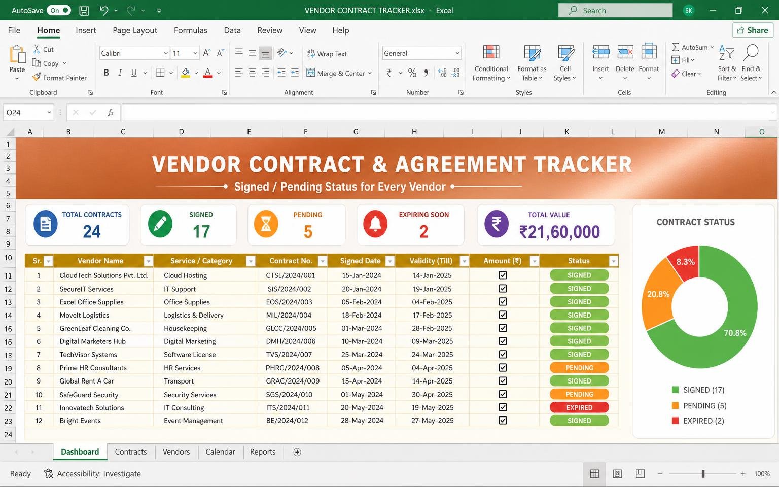 Vendor Contract Tracker — wedding planning Excel template preview