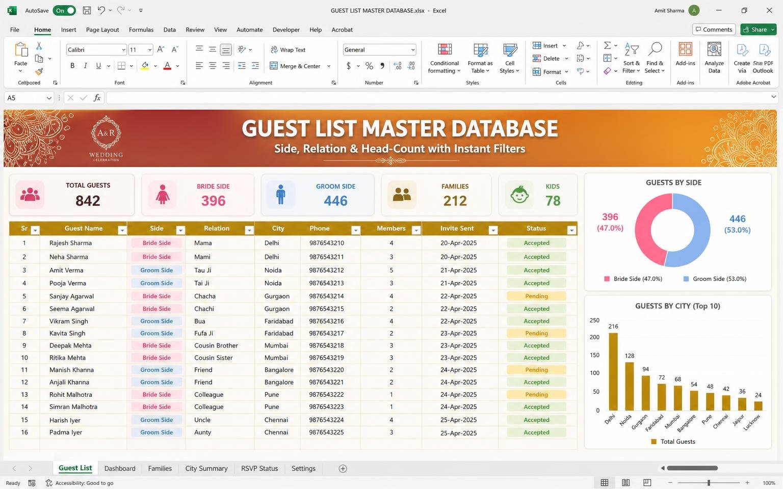 Guest List Master Database — wedding planning Excel template preview