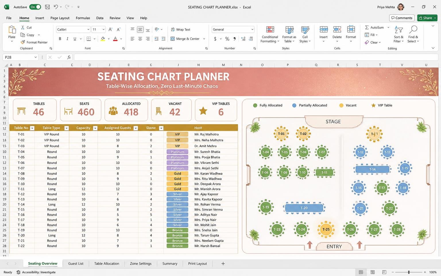 Seating Chart Planner — wedding planning Excel template preview