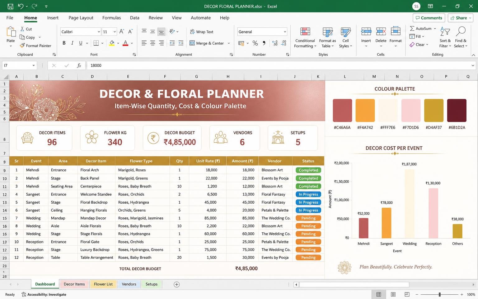 Decor & Floral Planner — wedding planning Excel template preview