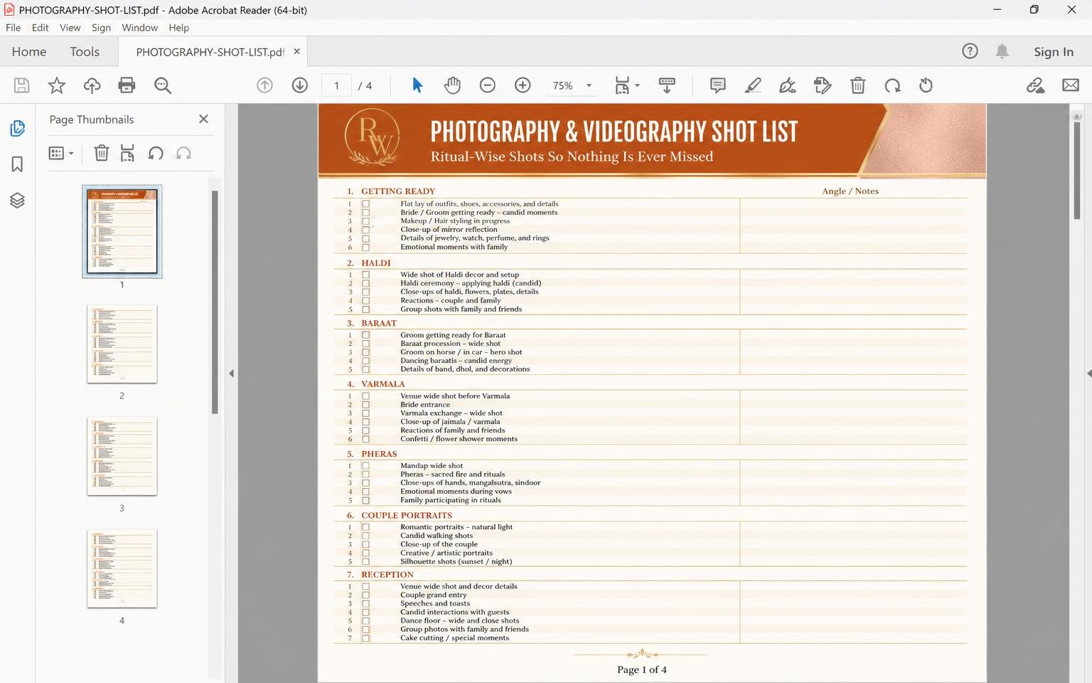 Photography Shot List — wedding planning PDF template preview