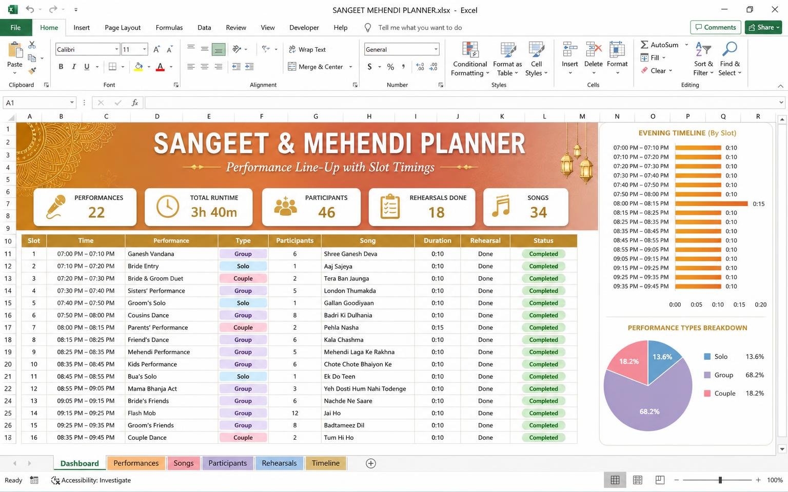 Sangeet & Mehendi Planner — wedding planning Excel template preview