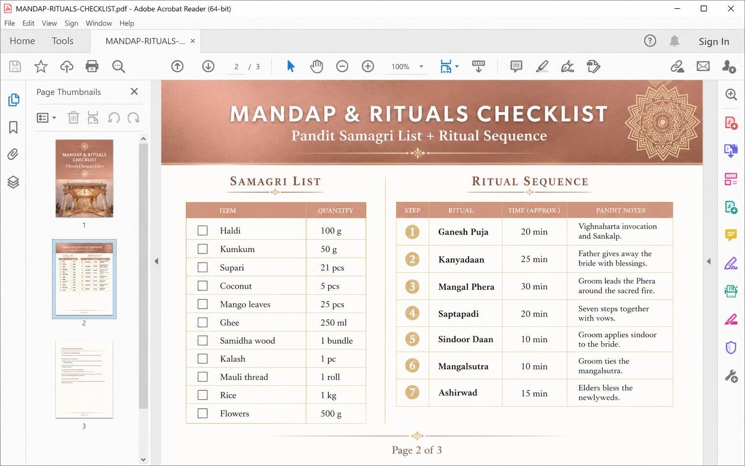 Mandap & Rituals Checklist — wedding planning PDF template preview