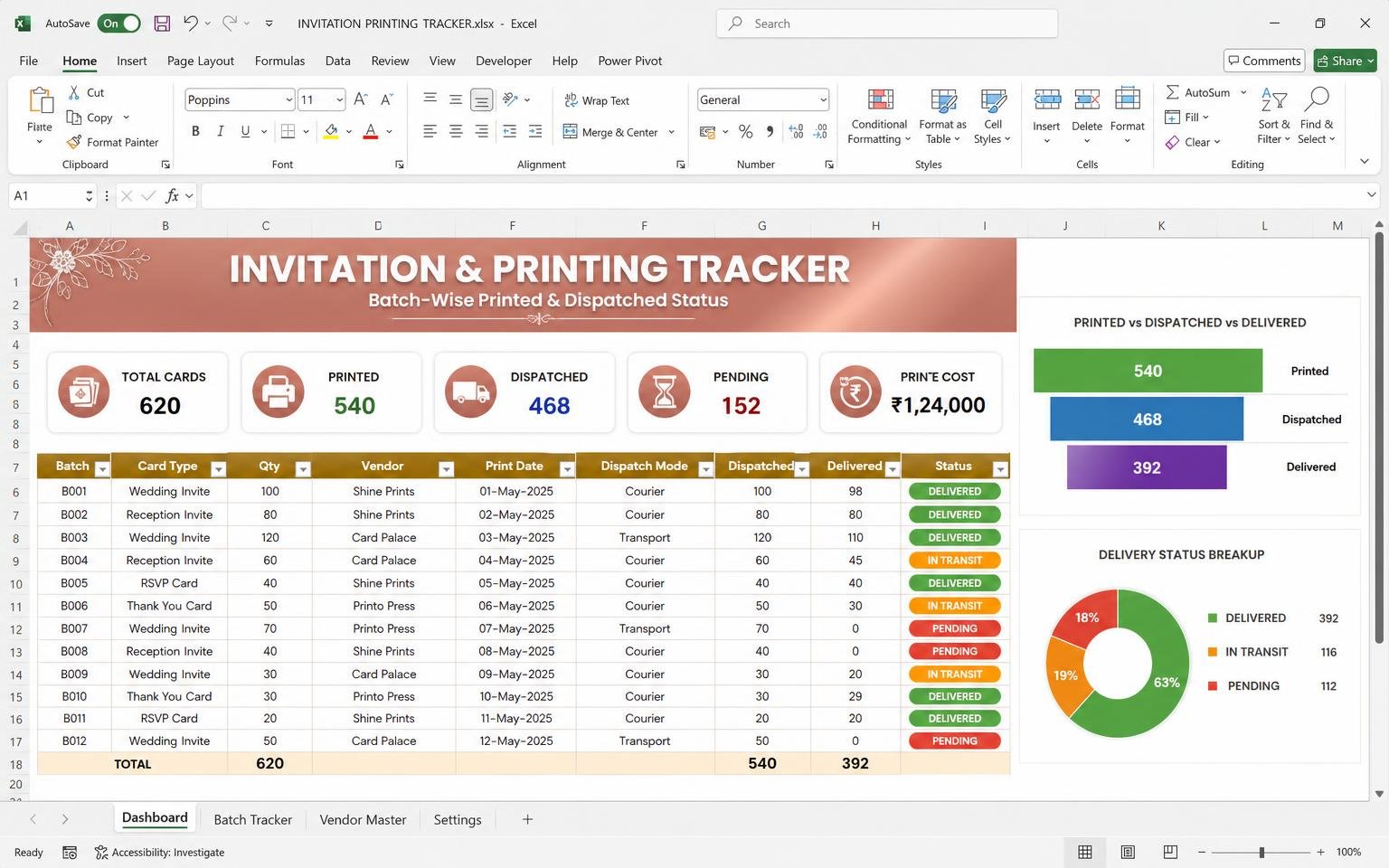 Invitation & Printing Tracker — wedding planning Excel template preview