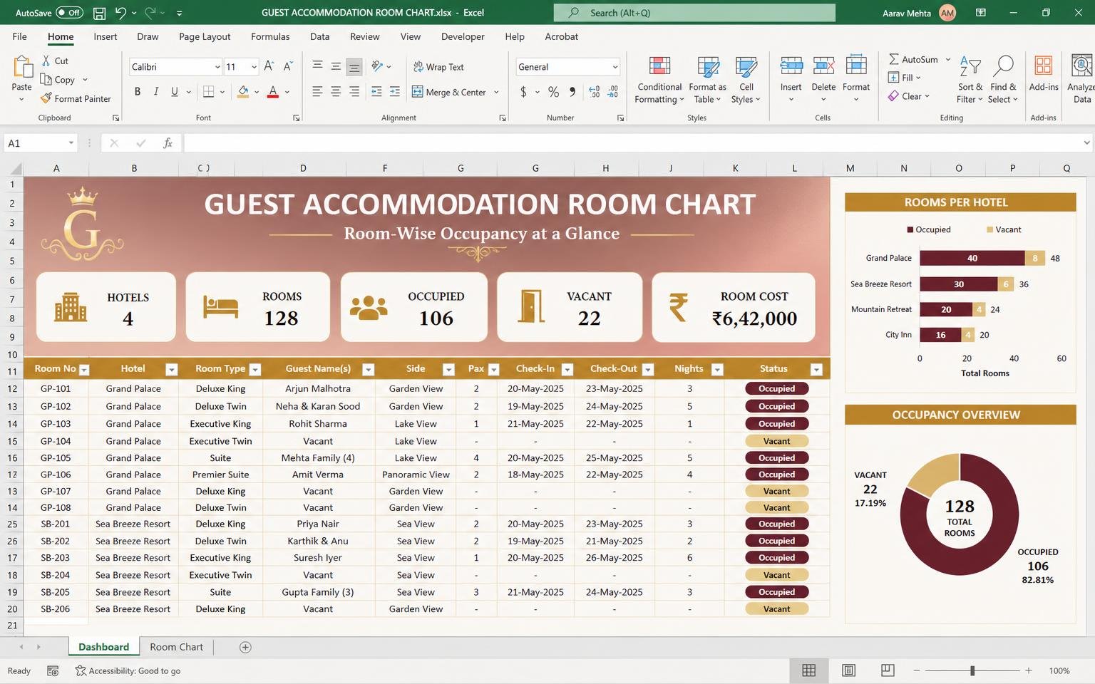 Guest Accommodation Room Chart — wedding planning Excel template preview