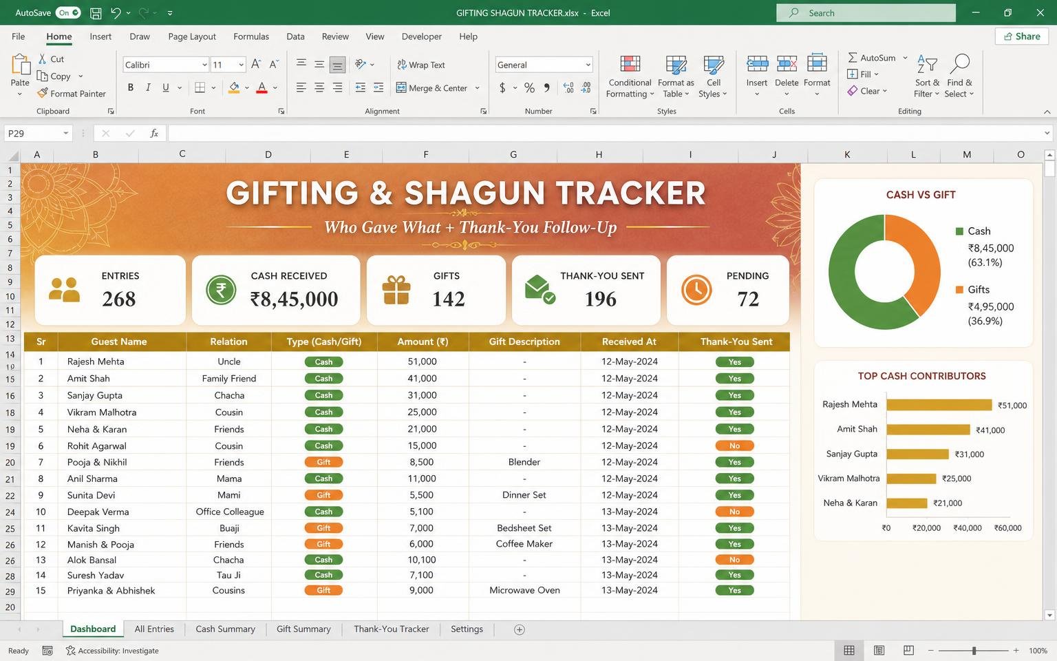 Gifting & Shagun Tracker — wedding planning Excel template preview