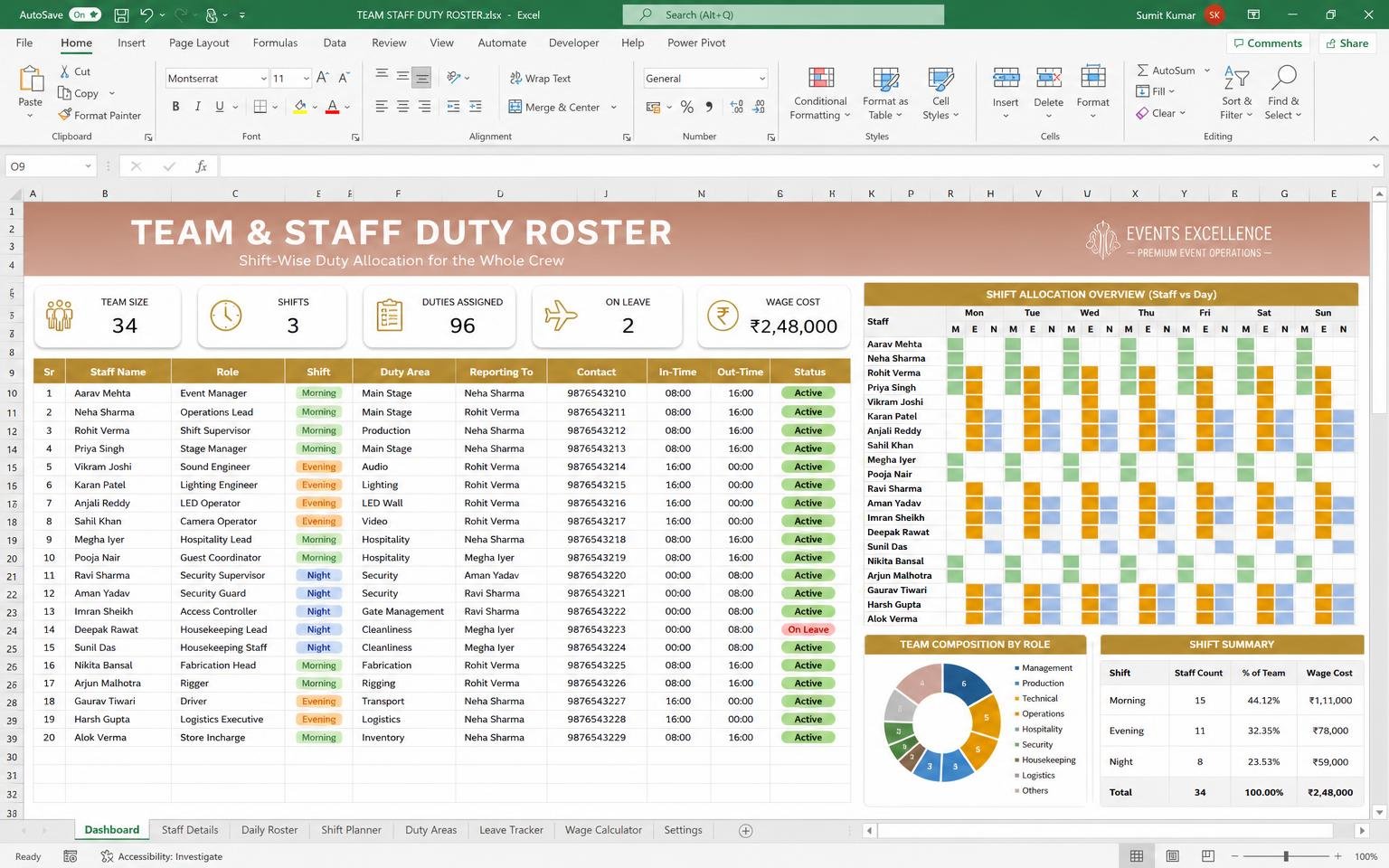 Team & Staff Duty Roster — wedding planning Excel template preview