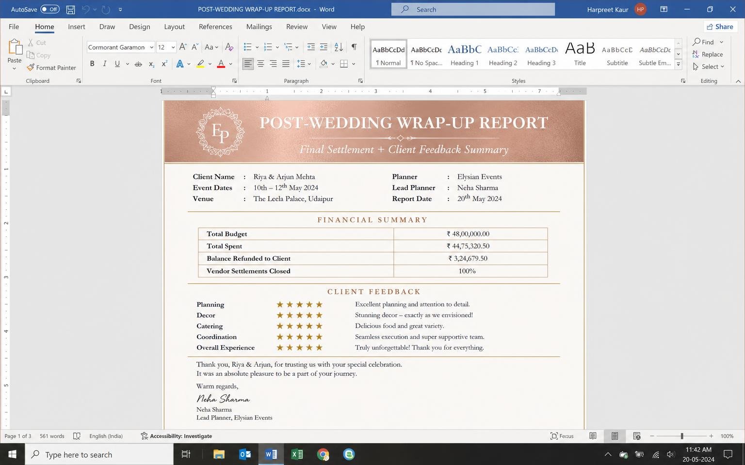 Post-Wedding Wrap-Up Report — wedding planning Word template preview