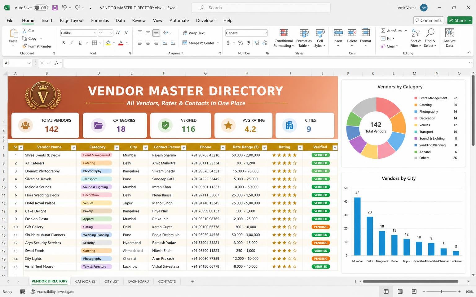 Vendor Master Directory — wedding planning Excel template preview