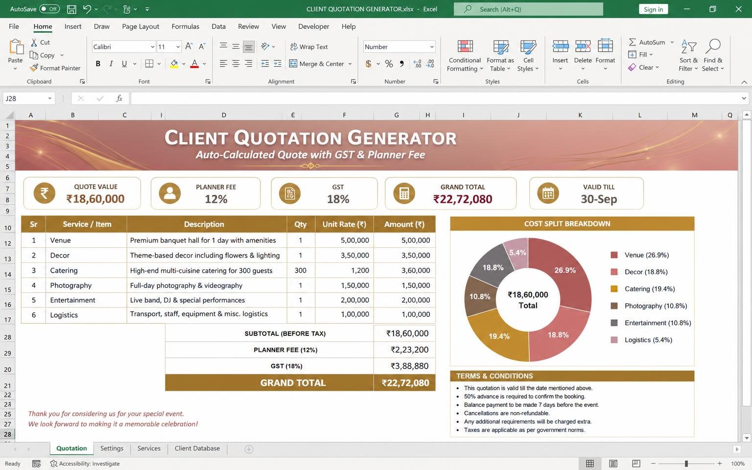 Client Quotation Generator — wedding planning Excel template preview