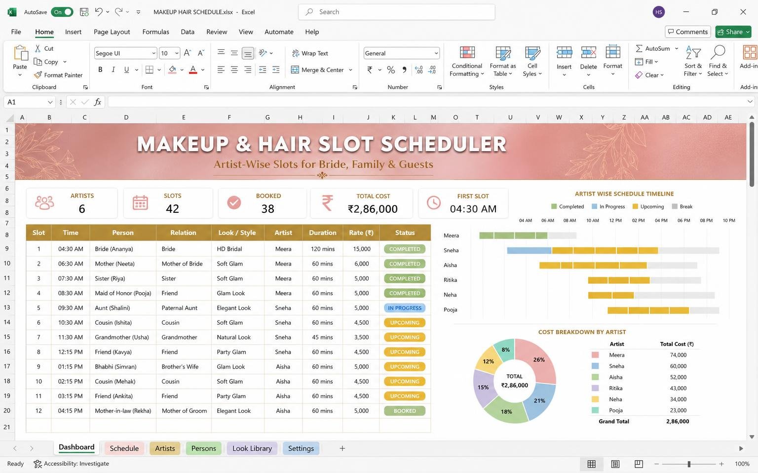 Makeup & Hair Slot Scheduler — wedding planning Excel template preview