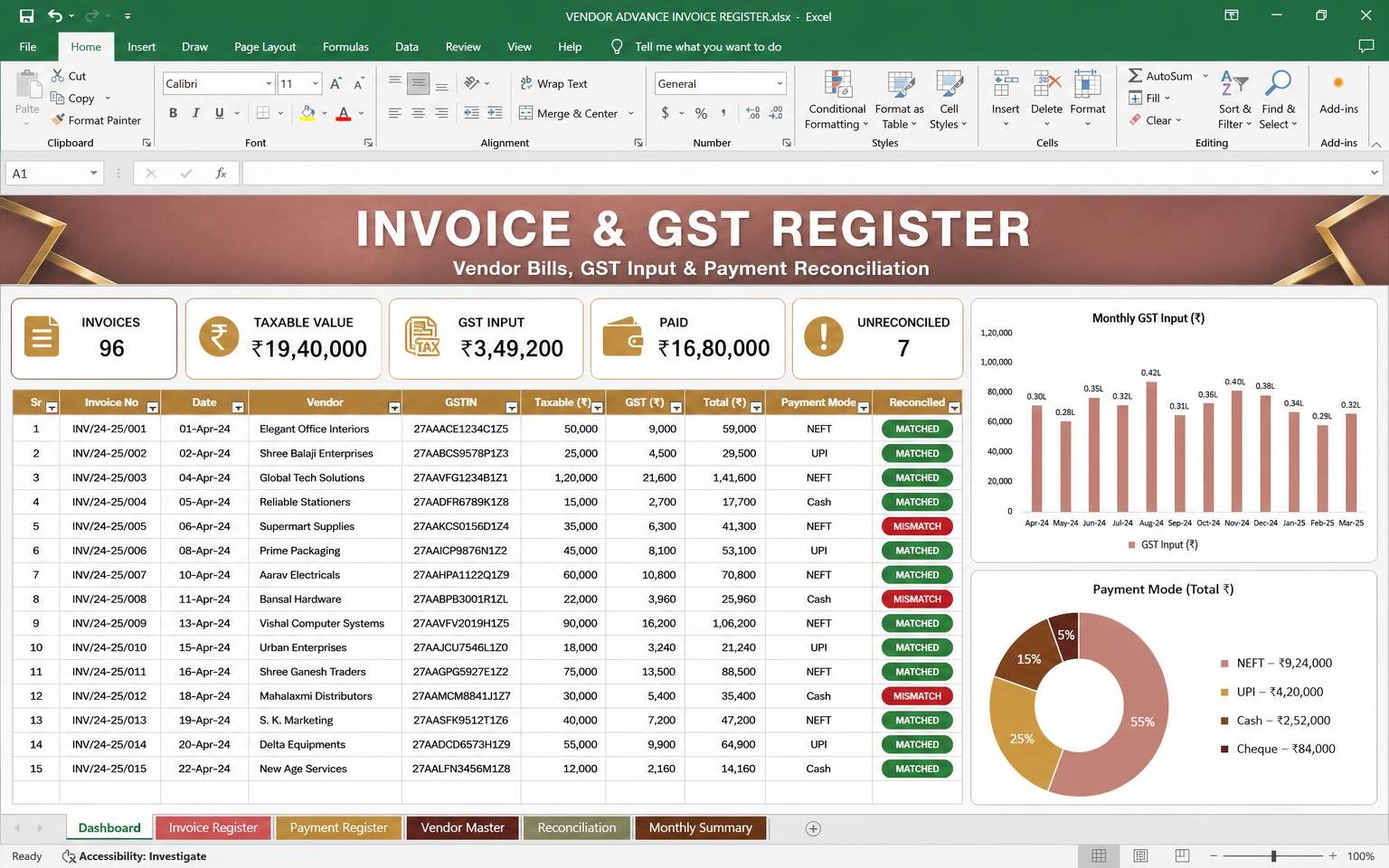 Invoice & GST Register — wedding planning Excel template preview