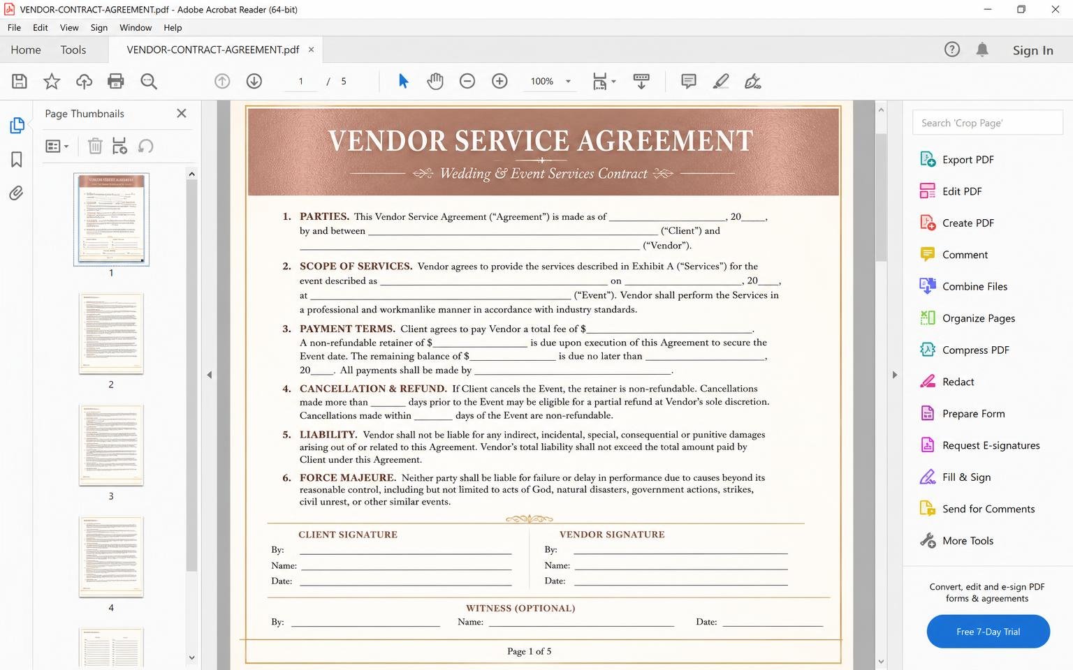 Vendor Service Agreement — wedding planning PDF template preview