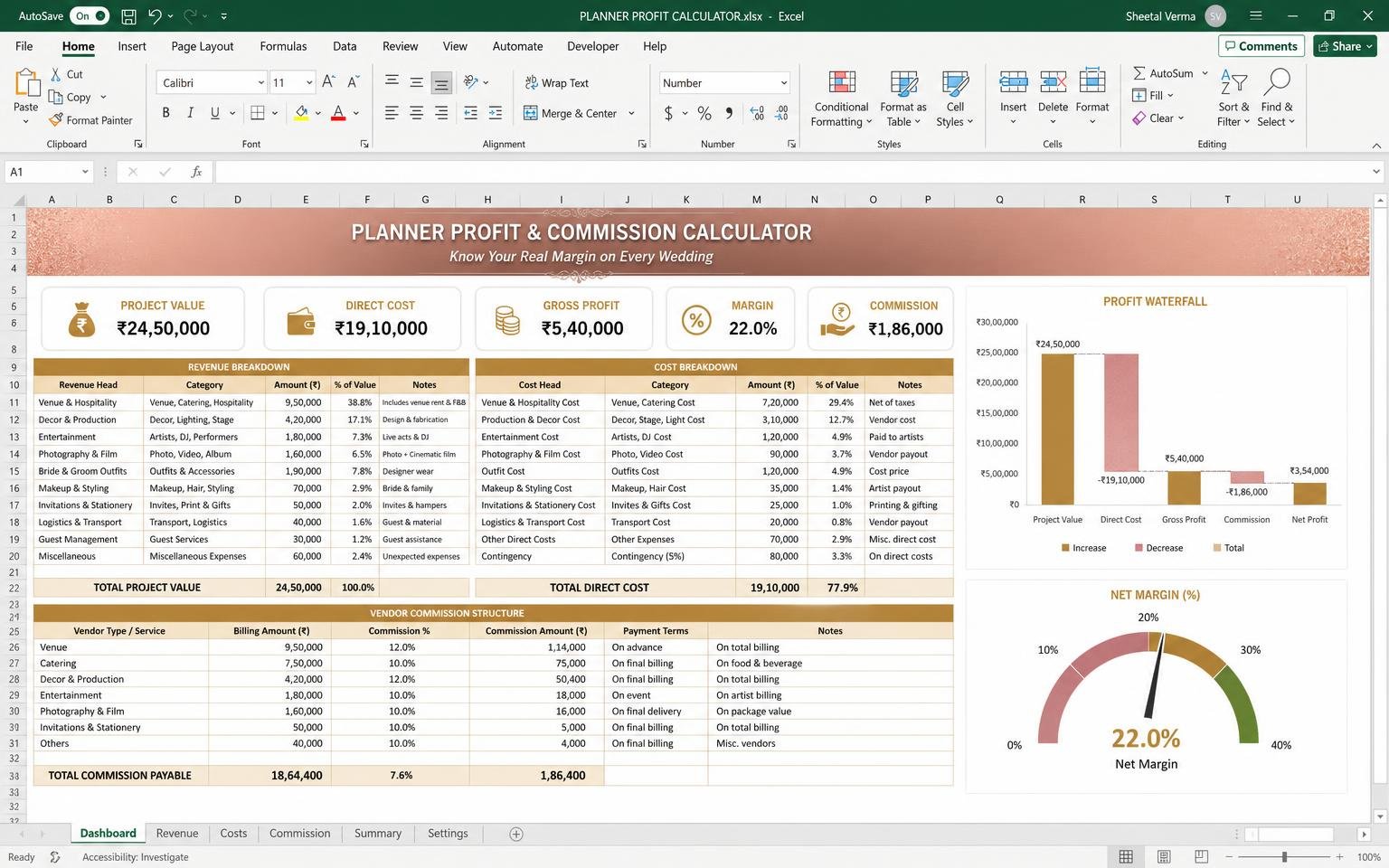 Planner Profit Calculator — wedding planning Excel template preview
