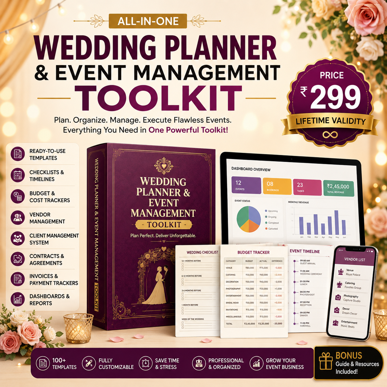 All-in-One Wedding Planner & Event Management Toolkit — templates, checklists, budget trackers and dashboards